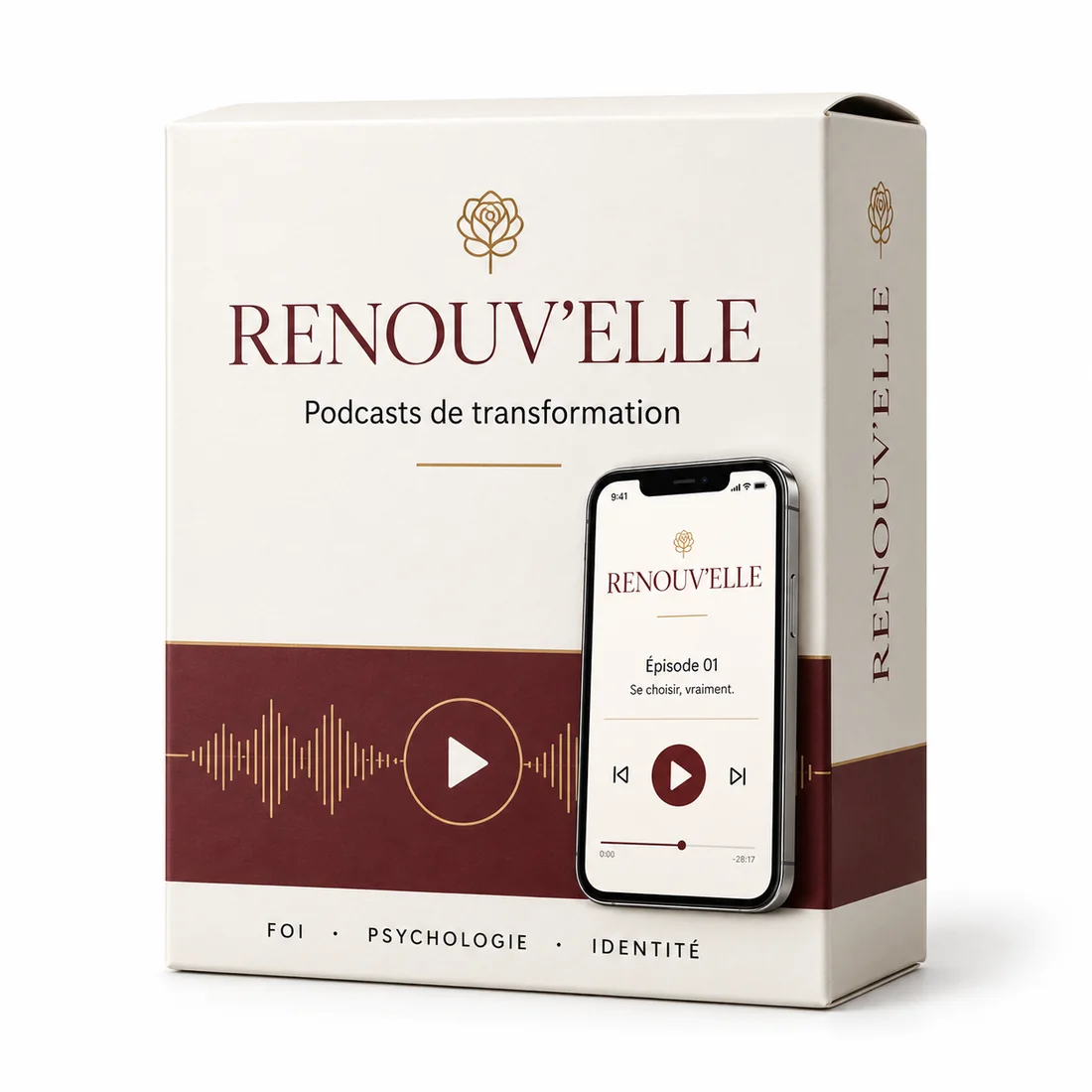 Coffret numérique Renouv’Elle, boîte ivoire et bordeaux avec son lecteur audio sur téléphone